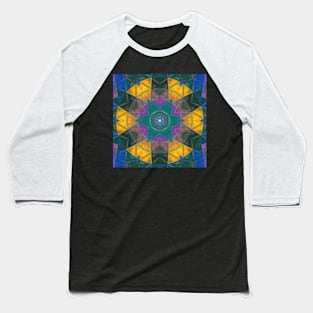 Mosaic Kaleidoscope Flower Blue Yellow and Pink Baseball T-Shirt